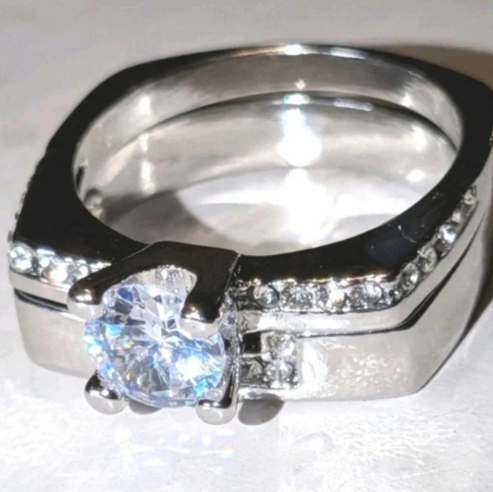 Mens Silver-Tone Clear Cubic zirconia Ring 2pc Set Sz 10